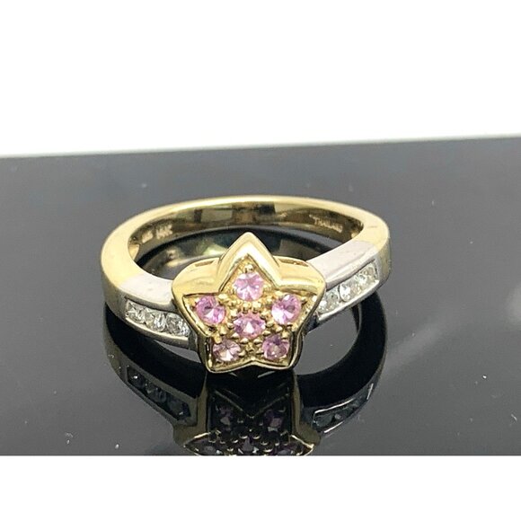 Pink Gemstone Diamond Star Shape Cocktail Women's Ring 14k Gold 2-Tone Size 6.75